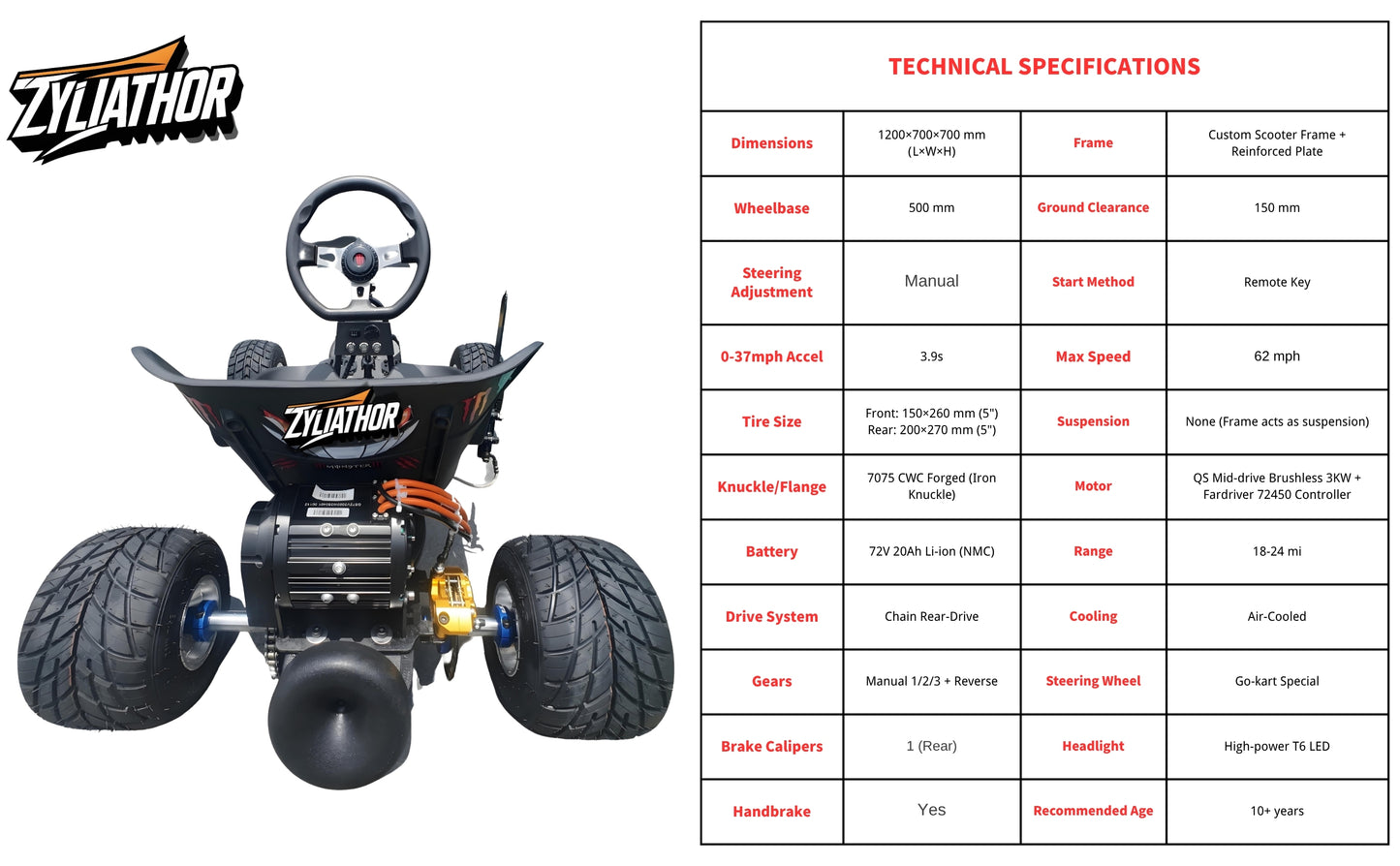 Zyliathor Electric Go-Karts 72V Artisan tank kart Kid-To-Adult Off-Road Ride